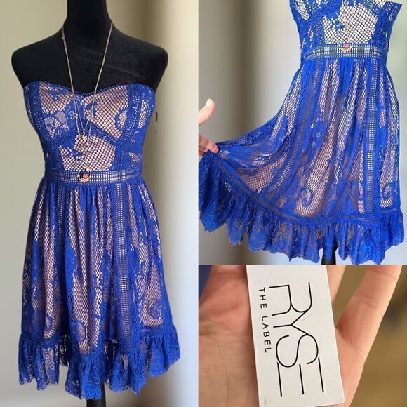 New Lulu’s Ryse Jade Lace Strapless Dress in Royal Blue Size S - Picture 1 of 12